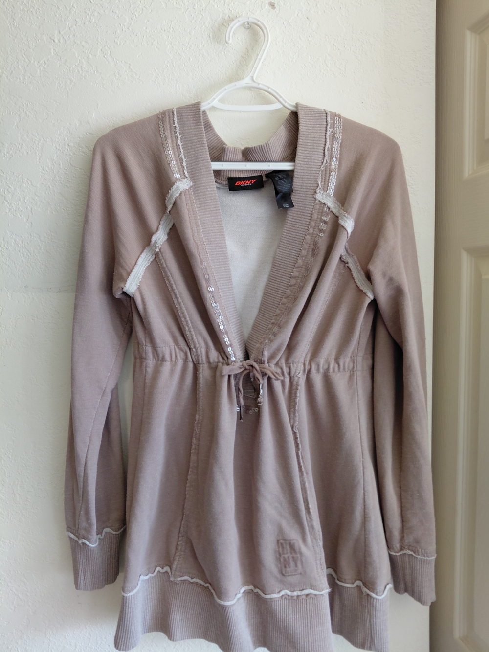DKNY Taupe Long Sleeve Drawstring Cardigan with Sequin Trim